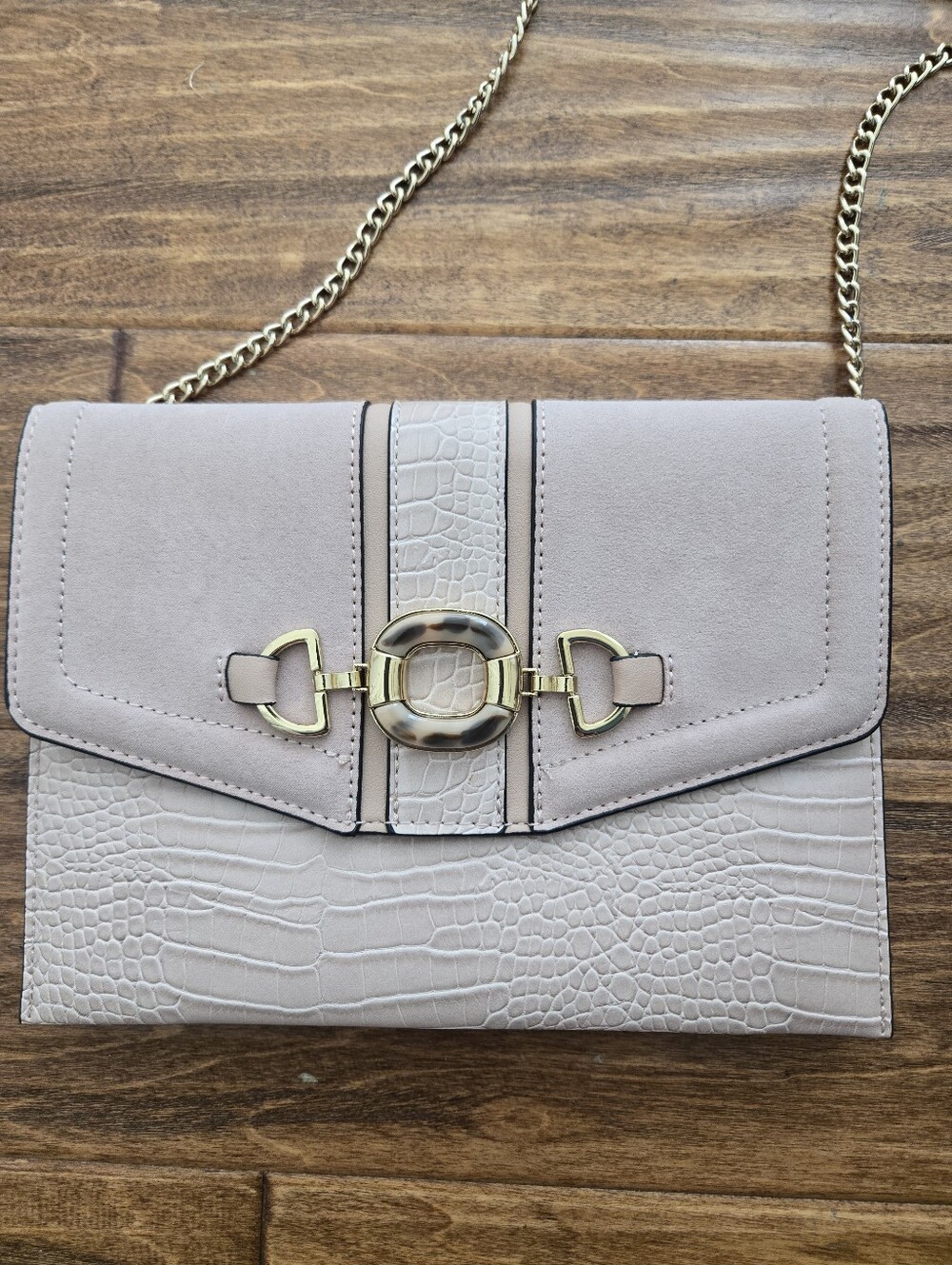 Topshop Stylish Taupe Crossbody Bag with Gold Chain Textured Croc Panel